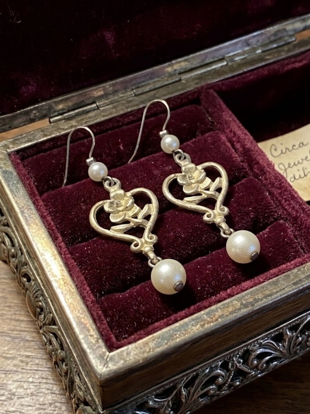 Vintage Floral Heart & Pearl Dangle Victorian Style Earrings